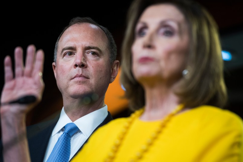 UNITED STATES - JULY 24: House Intelligence Committee Chairman Adam Schiff, D-Calf., and Speaker Nancy Pelosi, D-Calif., conduct a news conference on the testimony of former special counsel Robert Mueller on his investigation into Russian interference in the 2016 election on Wednesday, July 24, 2019. (Photo By Tom Williams/CQ Roll Call)