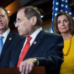 UNITED STATES - JULY 24: From left, House Intelligence Committee Chairman Adam Schiff, D-Calf., Judiciary Chairman Jerrold Nadler, D-N.Y., and Speaker Nancy Pelosi, D-Calif., conduct a news conference on the testimony of former special counsel Robert Mueller on his investigation into Russian interference in the 2016 election on Wednesday, July 24, 2019. (Photo By Tom Williams/CQ Roll Call)