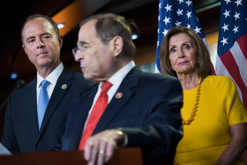 UNITED STATES - JULY 24: From left, House Intelligence Committee Chairman Adam Schiff, D-Calf., Judiciary Chairman Jerrold Nadler, D-N.Y., and Speaker Nancy Pelosi, D-Calif., conduct a news conference on the testimony of former special counsel Robert Mueller on his investigation into Russian interference in the 2016 election on Wednesday, July 24, 2019. (Photo By Tom Williams/CQ Roll Call)