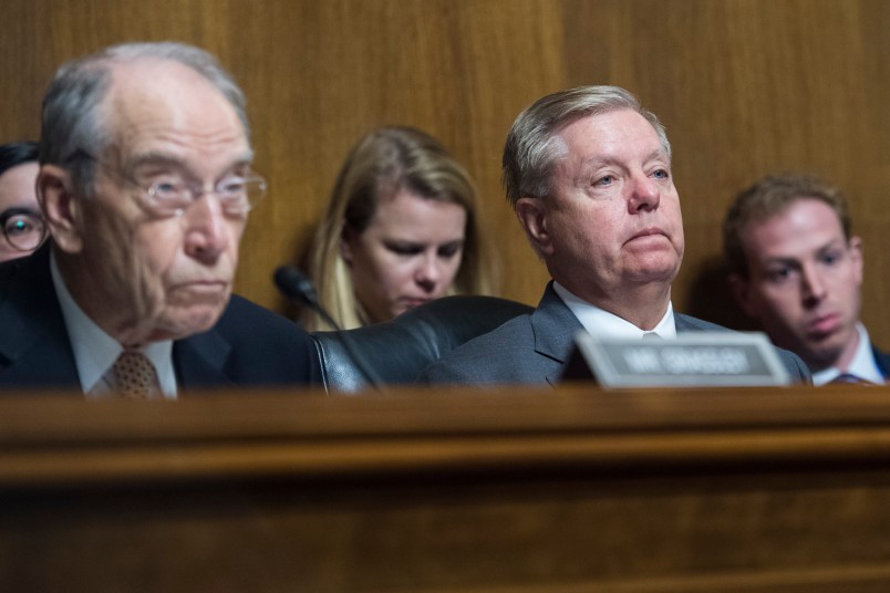 UNITED STATES - SEPTEMBER 11: Chairman Lindsey Graham, R-S.C., and Sen. Chuck Grassley, R-Iowa, attend the Senate Judiciary Committee confirmation hearing for Steven J. Menashi, nominee to be a circuit judge on the U.S. Court of Appeals for the Second Circuit, in Dirksen Building on Wednesday, September 11, 2019. (Photo By Tom Williams/CQ Roll Call)