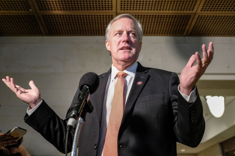 WASHINGTON, DC - OCTOBER 23:  Rep. Mark Meadows, (R-N.C), speaks to members of the media during a closed session on Capitol Hill on October 23, 2019 in Washington, DC. Deputy Assistant Secretary of Defense Laura Cooper was on Capitol Hill to testify to the committees for the ongoing impeachment inquiry against President Donald Trump. (Photo by Alex Wroblewski/Getty Images)