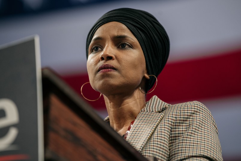 MINNEAPOLIS, MN - NOVEMBER 03: Representative Ilhan Omar (D-MN) speaks at a campaign rally for Senator (I-VT) and presidential candidate Bernie Sanders at the University of Minnesota’s Williams Arena on November, 3, 2019 in Minneapolis, Minnesota. Before introducing him, Rep. Omar praised Sanders for his support of unions, comprehensive immigration reform, and support for refugees. (Photo by Scott Heins/Getty Images)
