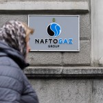 KIEV, UKRAINE - 2019/11/27: The logo of Naftogaz, state-owned national oil and Gas Company of Ukraine, is seen on a plate at the entrance to the main office in Kiev. The Swedish Court of Appeal dismissed a first Gazprom (Russian Gas Company) appeal, on decisions of the Stockholm arbitration, as the website of the Naftogaz informed on 27 November 2019. (Photo by Pavlo Gonchar/SOPA Images/LightRocket via Getty Images)