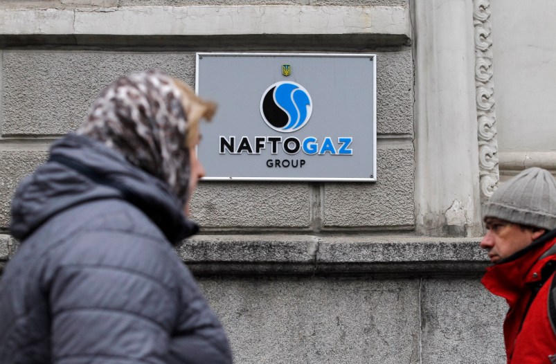 KIEV, UKRAINE - 2019/11/27: The logo of Naftogaz, state-owned national oil and Gas Company of Ukraine, is seen on a plate at the entrance to the main office in Kiev. The Swedish Court of Appeal dismissed a first Gazprom (Russian Gas Company) appeal, on decisions of the Stockholm arbitration, as the website of the Naftogaz informed on 27 November 2019. (Photo by Pavlo Gonchar/SOPA Images/LightRocket via Getty Images)