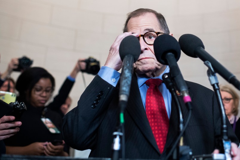 UNITED STATES - DECEMBER 13: Chairman Jerrold Nadler, D-N.Y., prepares to address the media after the House Judiciary Committee passed two articles of impeachment against President Donald J. Trump on Friday, December 13, 2019. (Photo By Tom Williams/CQ Roll Call)