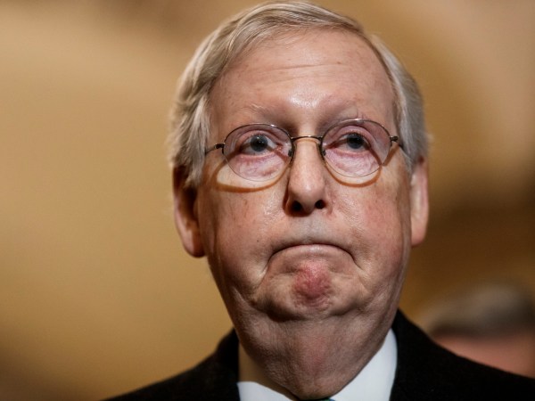 WASHINGTON, Dec. 17, 2019 -- U.S. Senate Majority Leader Mitch McConnell reacts at a press conference on Capitol Hill in Washington D.C., the United States, on Dec. 17, 2019. Mitch McConnell on Tuesday refused Senate Democratic Leader Charles Schumer's framework on impeachment trial including testimony from four former and current White House senior officials, signaling that he wants the impeachment trial of President Donald Trump to mirror that of Bill Clinton. (Photo by Ting Shen/Xinhua via Getty)