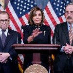 WASHINGTON, DC - DECEMBER 18: Speaker of the House Nancy Pelosi (D-CA) delivers remarks alongside Chairman Jerry Nadler, House Committee on the Judiciary (D-NY) and Chairman Eliot Engel, House Foreign Affairs Committee (D-NY), following the House of Representatives vote to impeach President Donald Trump on December 18, 2019 in Washington, DC. (Photo by Sarah Silbiger/Getty Images)