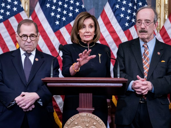 WASHINGTON, DC - DECEMBER 18: Speaker of the House Nancy Pelosi (D-CA) delivers remarks alongside Chairman Jerry Nadler, House Committee on the Judiciary (D-NY) and Chairman Eliot Engel, House Foreign Affairs Committee (D-NY), following the House of Representatives vote to impeach President Donald Trump on December 18, 2019 in Washington, DC. (Photo by Sarah Silbiger/Getty Images)