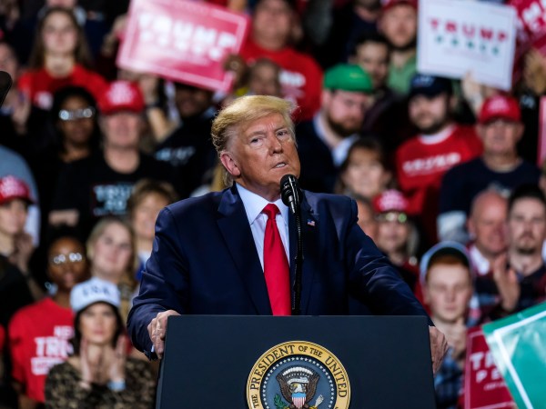 KELLOG ARENA, BATTLE CREEK, MICHIGAN, UNITED STATES - 2019/12/18: President Donald Trump speaks during the "Merry Christmas" rally at the Kellog Arena in Battle Creek, Michigan. (Photo by Matthew Hatcher/SOPA Images/LightRocket via Getty Images)