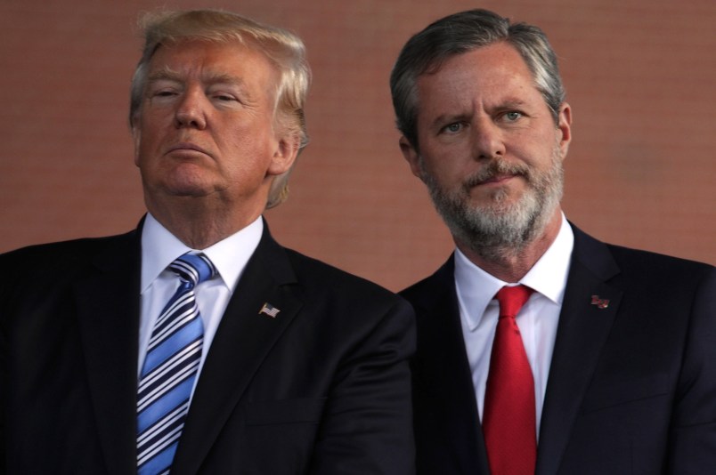 LYNCHBURG, VA - MAY 13:  U.S. President Donald Trump (L) and Jerry Falwell (R), President of Liberty University, on stage during a commencement at Liberty University May 13, 2017 in Lynchburg, Virginia. President Trump is the first sitting president to speak at LibertyÕs commencement since George H.W. Bush spoke in 1990.  (Photo by Alex Wong/Getty Images)