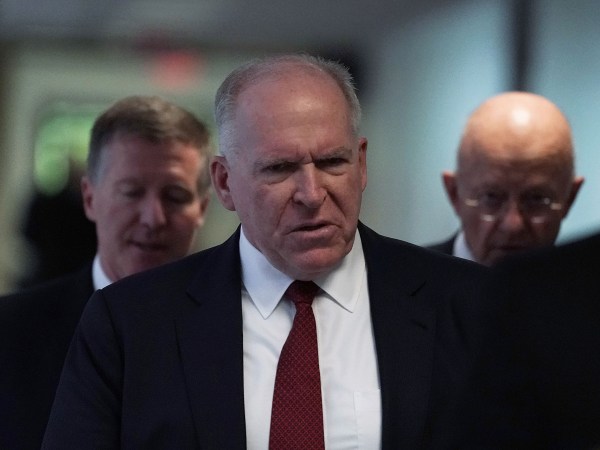 WASHINGTON, DC - MAY 16:  Former CIA director John Brennan (2nd L) and former director of National Intelligence James Clapper (R) arrive at a closed hearing before the Senate (Select) Intelligence Committee May 16, 2018 on Capitol Hill in Washington, DC. The committee held a hearing titled, "Evaluating the January 2017 Intelligence Community Assessment on 'Russian Activities and Intentions in Recent Elections.'"  (Photo by Alex Wong/Getty Images)