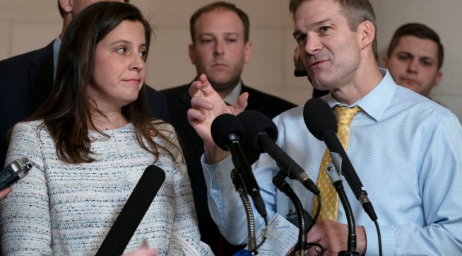 WASHINGTON, DC - NOVEMBER 20: Rep. Elise Stefanik, (R-NY),  left, and Rep. Jim Jordan (R-OH), right, speak with reporters following the testimony of Gordon Sondland, the U.S ambassador to the European Union, before the House Intelligence Committee in the Longworth House Office Building on Capitol Hill November 20, 2019 in Washington, DC. The committee heard testimony during the fourth day of open hearings in the impeachment inquiry against U.S. President Donald Trump, whom House Democrats say held back U.S. military aid for Ukraine while demanding it investigate his political rivals. (Photo by Alex Edelman/Getty Images)