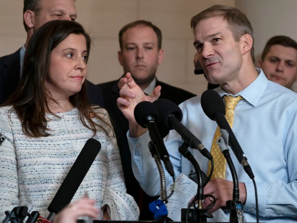 WASHINGTON, DC - NOVEMBER 20: Rep. Elise Stefanik, (R-NY),  left, and Rep. Jim Jordan (R-OH), right, speak with reporters following the testimony of Gordon Sondland, the U.S ambassador to the European Union, before the House Intelligence Committee in the Longworth House Office Building on Capitol Hill November 20, 2019 in Washington, DC. The committee heard testimony during the fourth day of open hearings in the impeachment inquiry against U.S. President Donald Trump, whom House Democrats say held back U.S. military aid for Ukraine while demanding it investigate his political rivals. (Photo by Alex Edelman/Getty Images)