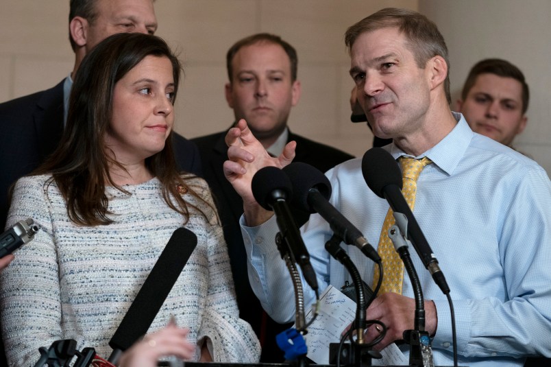 WASHINGTON, DC - NOVEMBER 20: Rep. Elise Stefanik, (R-NY),  left, and Rep. Jim Jordan (R-OH), right, speak with reporters following the testimony of Gordon Sondland, the U.S ambassador to the European Union, before the House Intelligence Committee in the Longworth House Office Building on Capitol Hill November 20, 2019 in Washington, DC. The committee heard testimony during the fourth day of open hearings in the impeachment inquiry against U.S. President Donald Trump, whom House Democrats say held back U.S. military aid for Ukraine while demanding it investigate his political rivals. (Photo by Alex Edelman/Getty Images)