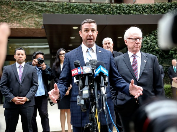 SAN DIEGO, CA - DECEMBER 03:  Rep. Duncan Hunter(R-CA) speaks to embers of the media after  walking out of Federal Courthouse on December 3, 2019 in San Diego, California.   Congressman Hunter is expected to plead guilty to charges that he violated federal campaign finance laws by using campaign funds for extensive personal expenses.(Photo by Sandy Huffaker/Getty Images)