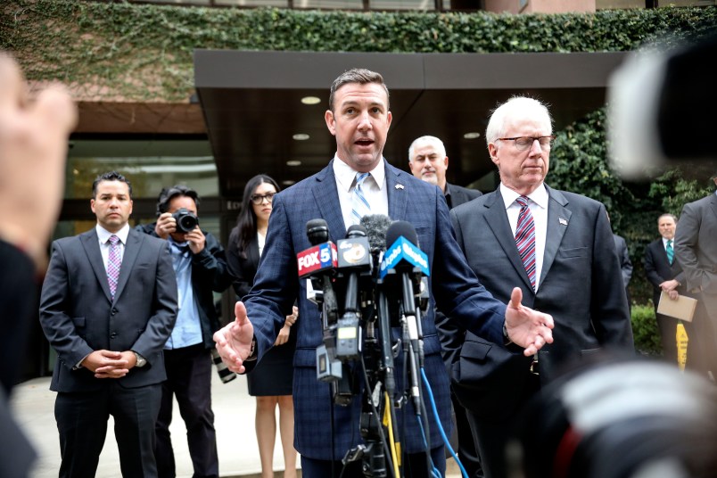 SAN DIEGO, CA - DECEMBER 03:  Rep. Duncan Hunter(R-CA) speaks to embers of the media after  walking out of Federal Courthouse on December 3, 2019 in San Diego, California.   Congressman Hunter is expected to plead guilty to charges that he violated federal campaign finance laws by using campaign funds for extensive personal expenses.(Photo by Sandy Huffaker/Getty Images)