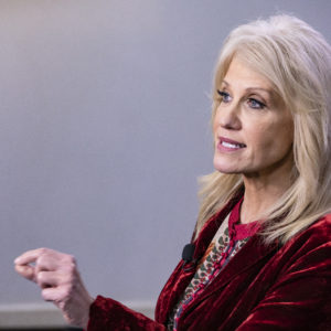 WASHINGTON, DC - DECEMBER 16: Kellyanne Conway, Counselor to the President of the United States and White House Advisor, speaks to during an on-camera interview at the White House on December 16, 2019 in Washington, DC. Conway criticized former FBI Director James Comey and fiercely defended President Trump against Democrats in the Impeachment proceedings during the interview. (Photo by Samuel Corum/Getty Images)