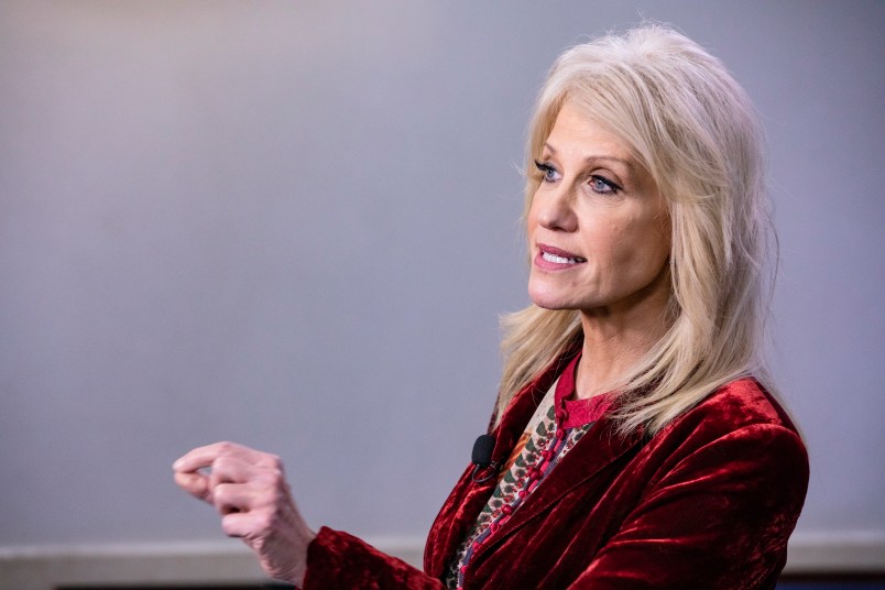 WASHINGTON, DC - DECEMBER 16: Kellyanne Conway, Counselor to the President of the United States and White House Advisor, speaks to during an on-camera interview at the White House on December 16, 2019 in Washington, DC. Conway criticized former FBI Director James Comey and fiercely defended President Trump against Democrats in the Impeachment proceedings during the interview. (Photo by Samuel Corum/Getty Images)