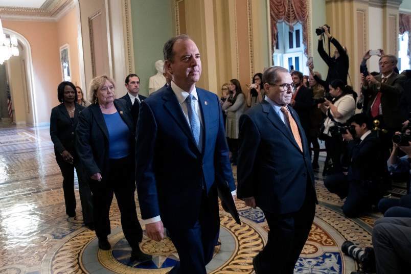 WASHINGTON, DC Ð JANUARY 16:  House impeachment managers Rep. Adam Schiff (D-CA), Rep. Jerry Nadler (D-NY), Rep. Zoe Lofgren (D-CA), Rep. Hakeem Jeffries (D-NY), Rep. Val Demings (D-FL), Rep. Jason Crow (D-CO), Rep. Sylvia Garcia (D-TX) walk to the Senate chamber for impeachment proceedings at the U.S. Capitol on January 16, 2020 in Washington, DC. On Thursday, the House impeachment managers will read the articles of impeachment against President Trump in the Senate chamber and the chief justice of the Supreme Court and every senator will be sworn in. (Photo by Drew Angerer/Getty Images)