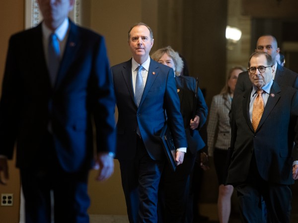 UNITED STATES - JANUARY 16: Impeachment managers House Intelligence Committee Chairman Adam Schiff, D-Calif., center, Judiciary Committee Chairman Jerrold Nadler, D-N.Y., and other mangers are seen arriving to the Senate before Schiff read the articles of impeachment against President Donald Trump on the Senate floor on Thursday, January 16, 2020. (Photo By Tom Williams/CQ Roll Call)