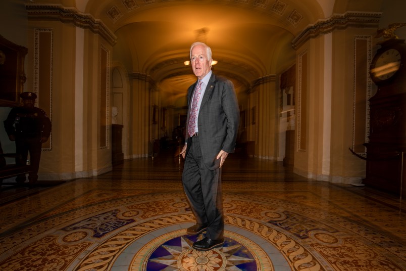 WASHINGTON, DC - JANUARY 30: Sen. John Cornyn (R-TX) returns to the Senate floor following a recess in the Senate impeachment trial of President Donald Trump on January 30, 2020 in Washington, DC. The trial has entered into the second day of the question phase where Senators have the opportunity to submit written questions to the House managers and President Trump's defense team. (Photo by Samuel Corum/Getty Images) *** Local Caption *** John Cornyn
