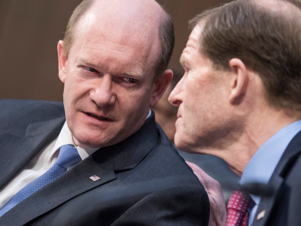UNITED STATES - APRIL 3: Sens. Chris Coons, D-Del., left, and Richard Blumenthal, D-Conn., attend a Senate Judiciary Committee meeting in Hart Building to discuss the nomination of Neil Gorsuch for associate justice on the Supreme Court, April 3, 2017. (Photo By Tom Williams/CQ Roll Call)