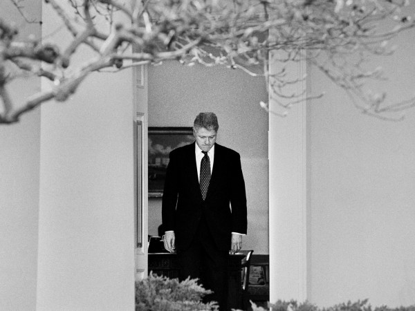 WASHINGTON D.C. -- FEBRUARY 12: President Bill Clinton emerges from the Oval Office to talk to the media after learning that the U.S. Senate voted to acquit him of the charges of perjury and obstruction of justice during his Impeachment Trial on Feb. 12, 1999. The charges stemmed from his relationship with White House intern Monica Lewinsky. (Photo by David Hume Kennerly)
