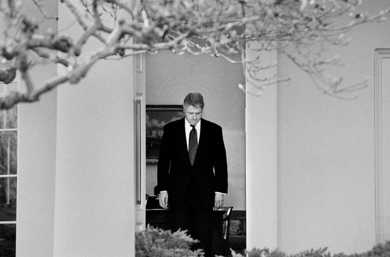 WASHINGTON D.C. -- FEBRUARY 12: President Bill Clinton emerges from the Oval Office to talk to the media after learning that the U.S. Senate voted to acquit him of the charges of perjury and obstruction of justice during his Impeachment Trial on Feb. 12, 1999. The charges stemmed from his relationship with White House intern Monica Lewinsky. (Photo by David Hume Kennerly)