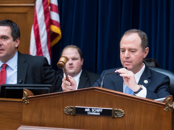 UNITED STATES - SEPTEMBER 26: Chairman Adam Schiff, D-Calif., and ranking member Rep. Devin Nunes, R-Calif., conduct the House Intelligence Committee hearing featuring testimony by Joseph Maguire, acting director of national intelligence, on a whistleblower complaint about a phone call between President Trump and Ukrainian President Volodymyr Zelensky, in Rayburn Building on Thursday, September 26, 2019. (Photo By Tom Williams/CQ Roll Call)