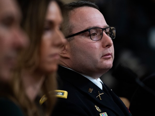 UNITED STATES - NOVEMBER 19: Lt. Col. Alexander Vindman, director of European affairs at the National Security Council, and Jennifer Williams, an aide to Vice President Mike Pence, testify during the House Intelligence Committee hearing on the impeachment inquiry of President Trump in Longworth Building on Tuesday, November 19, 2019. (Photo By Tom Williams/CQ Roll Call)