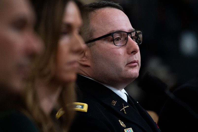 UNITED STATES - NOVEMBER 19: Lt. Col. Alexander Vindman, director of European affairs at the National Security Council, and Jennifer Williams, an aide to Vice President Mike Pence, testify during the House Intelligence Committee hearing on the impeachment inquiry of President Trump in Longworth Building on Tuesday, November 19, 2019. (Photo By Tom Williams/CQ Roll Call)