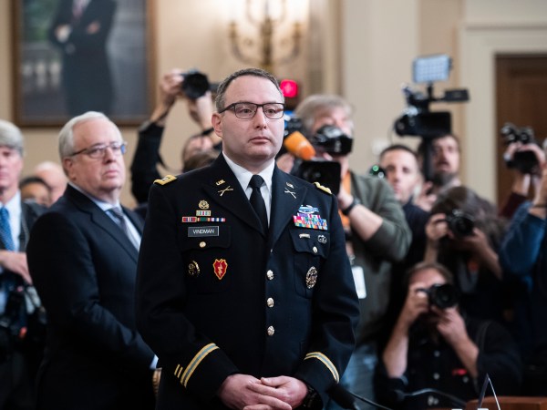 UNITED STATES - NOVEMBER 19: Lt. Col. Alexander Vindman, director of European affairs at the National Security Council, waits for the arrival of Jennifer Williams, an aide to Vice President Mike Pence, before testifying during the House Intelligence Committee hearing on the impeachment inquiry of President Trump in Longworth Building on Tuesday, November 19, 2019. (Photo By Tom Williams/CQ Roll Call)