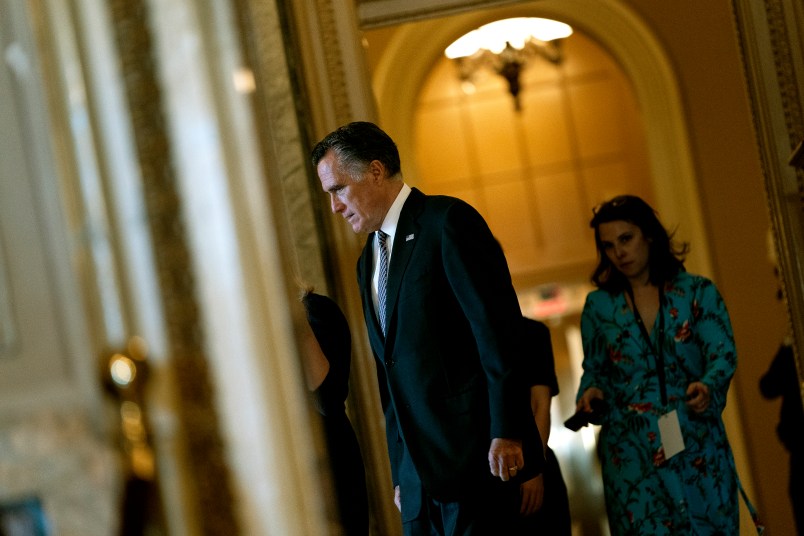 WASHINGTON, DC - FEBRUARY 3: U.S. Senator Mitt Romney (R-UT) walks near the Senate chamber in the U.S. Capitol on February 3, 2020 in Washington D.C., United States. Closing arguments begin Monday after the Senate voted to block witnesses from appearing in the impeachment trial. The final vote is expected on Wednesday. (Photo by Alex Edelman/Getty Images)