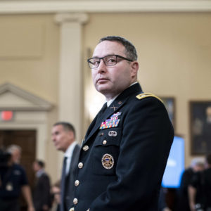 WASHINGTON, DC - NOVEMBER 19: Lt. Col. Alexander Vindman and Jennifer Williams, Special Advisor for Europe and Russia Office of the Vice President, appear before the House Intelligence Committee during the House impeachment inquiry concerning President Donald Trump on Capitol Hill in Washington, DC on Tuesday November 19, 2019. (Photo by Melina Mara/The Washington Post)