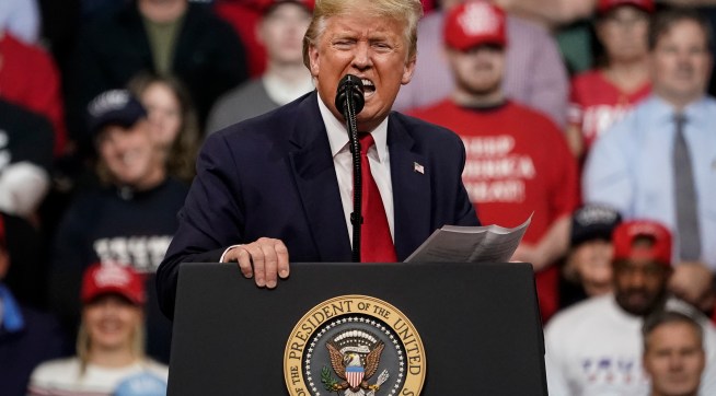 MANCHESTER, NH - FEBRUARY 10: U.S. President Donald Trump speaks during a "Keep America Great" rally at Southern New Hampshire University Arena on February 10, 2020 in Manchester, New Hampshire. New Hampshire will hold its first in the national primary on Tuesday. (Photo by Drew Angerer/Getty Images)