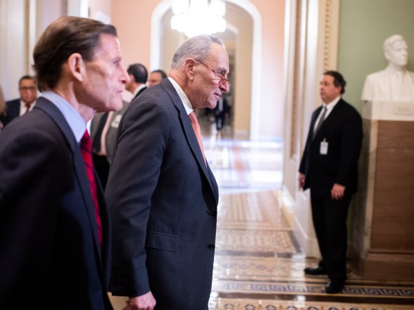 UNITED STATES - FEBRUARY 11: Senate Minority Leader Charles Schumer, D-N.Y., right, and Sen. Richard Blumenthal, D-Conn., arrive for a news conference after the Senate Policy luncheons in the Capitol on Tuesday, February 11, 2020. (Photo By Tom Williams/CQ Roll Call)