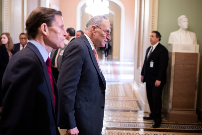 UNITED STATES - FEBRUARY 11: Senate Minority Leader Charles Schumer, D-N.Y., right, and Sen. Richard Blumenthal, D-Conn., arrive for a news conference after the Senate Policy luncheons in the Capitol on Tuesday, February 11, 2020. (Photo By Tom Williams/CQ Roll Call)