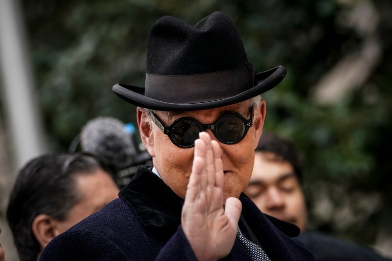 WASHINGTON, DC - FEBRUARY 20: Roger Stone, former adviser to U.S. President Donald Trump, arrives at E. Barrett Prettyman United States Courthouse on February 20, 2020 in Washington, DC. Stone will be sentenced Thursday morning on his convictions for witness tampering and lying to Congress. (Photo by Drew Angerer/Getty Images)