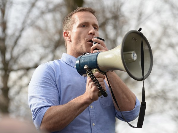 UNIVERSITY CITY, MO - FEBRUARY 22: Missouri Governor, Eric Greitens addresses the crowd at Chesed Shel Emeth Cemetery on February 22, 2017 in University City, Missouri. Governor Eric Greitens and US Vice President, Mike Pence, were on hand to speak to over 300 volunteers who were on hand to cleanup after the recent vandalism. Since the beginning of the year, there has been a nationwide spike in incidents including bomb threats at Jewish community centers and reports of anti-semitic graffiti. (Photo: Michael Thomas/ Getty Images)