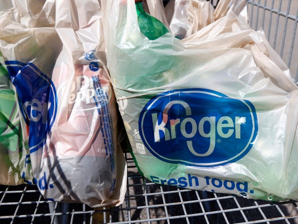 HFS-Bagged purchases from the Kroger grocery store in FLowood, Miss., sit inside this shopping cart Thursday, June 15, 2017. (AP Photo/Rogelio V. Solis)