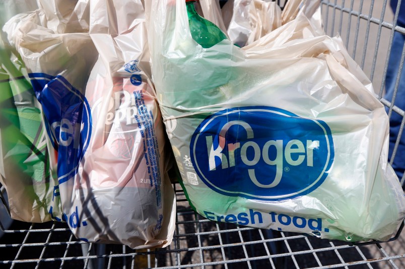 HFS-Bagged purchases from the Kroger grocery store in FLowood, Miss., sit inside this shopping cart Thursday, June 15, 2017. (AP Photo/Rogelio V. Solis)