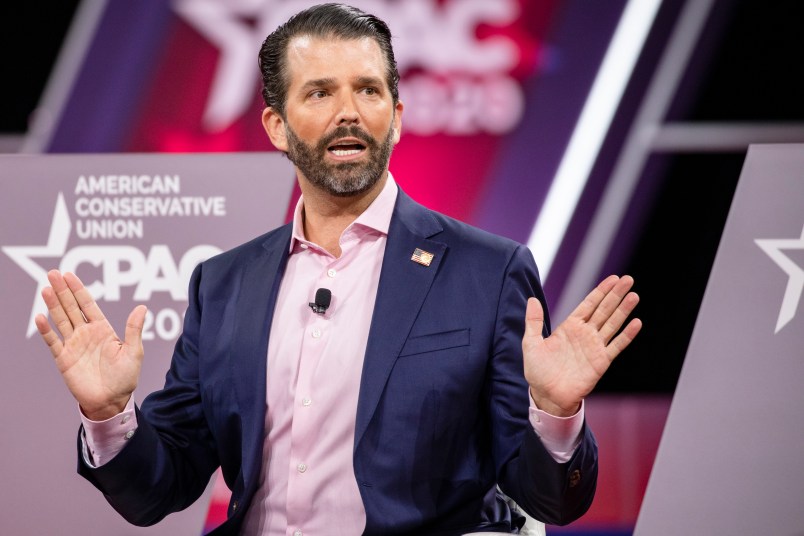 NATIONAL HARBOR, MD - FEBRUARY 28: Donald Trump Jr., son of President Donald Trump, speaks on stage during the Conservative Political Action Conference 2020 (CPAC) hosted by the American Conservative Union on February 28, 2020 in National Harbor, MD. (Photo by Samuel Corum/Getty Images) *** Local Caption *** Donald Trump Jr.