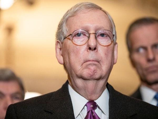 WASHINGTON, DC - MARCH 10: Senate Majority Leader Mitch McConnell (R-KY) speaks to reporters following the Senate Republican policy luncheon which both President Donald Trump and Vice President Mike Pence attended on March 10, 2020 in Washington, DC. Lawmakers focused on the spread of the coronavirus and the state of the economy as markets react to the virus during the luncheon. (Photo by Samuel Corum/Getty Images) *** Local Caption *** Mitch McConnell