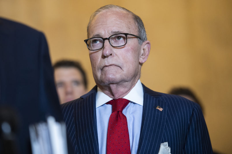 UNITED STATES - MARCH 17: Larry Kudlow, White House economic adviser, listens to Treasury Secretary Steven Mnuchin, deliver remarks on the coronavirus relief package after the Senate Republican Policy luncheon in Russell Building on Tuesday, March 17, 2020. (Photo By Tom Williams/CQ Roll Call)