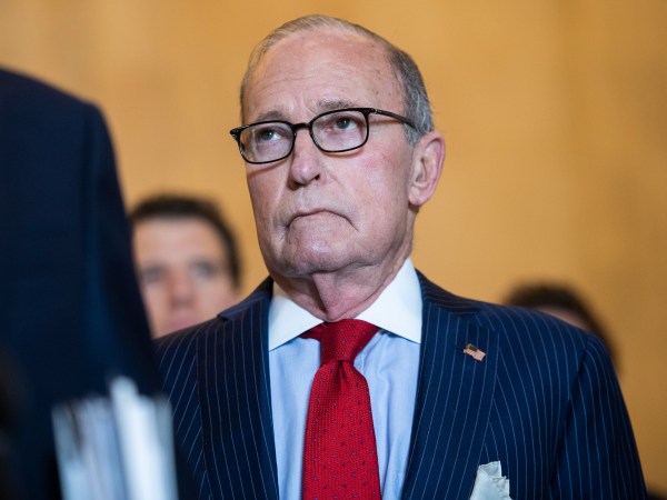 UNITED STATES - MARCH 17: Larry Kudlow, White House economic adviser, listens to Treasury Secretary Steven Mnuchin, deliver remarks on the coronavirus relief package after the Senate Republican Policy luncheon in Russell Building on Tuesday, March 17, 2020. (Photo By Tom Williams/CQ Roll Call)