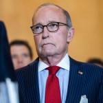 UNITED STATES - MARCH 17: Larry Kudlow, White House economic adviser, listens to Treasury Secretary Steven Mnuchin, deliver remarks on the coronavirus relief package after the Senate Republican Policy luncheon in Russell Building on Tuesday, March 17, 2020. (Photo By Tom Williams/CQ Roll Call)