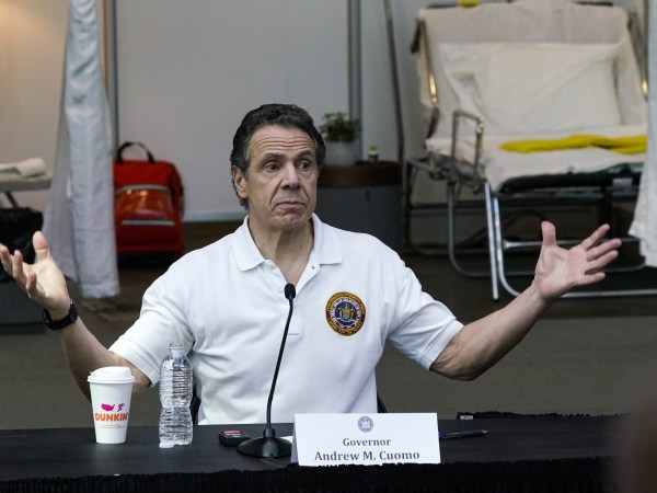 NEW YORK, NY - MARCH 27: New York Governor Andrew Cuomo speaks to the media and members of the National Guard at the Javits Convention Center which is being turned into a hospital to help fight coronavirus cases on March 27, 2020 in New York City. across the country schools, businesses and places of work have either been shut down or are restricting hours of operation as health officials try to slow the spread of COVID-19. (Photo by Eduardo Munoz Alvarez/Getty Images)