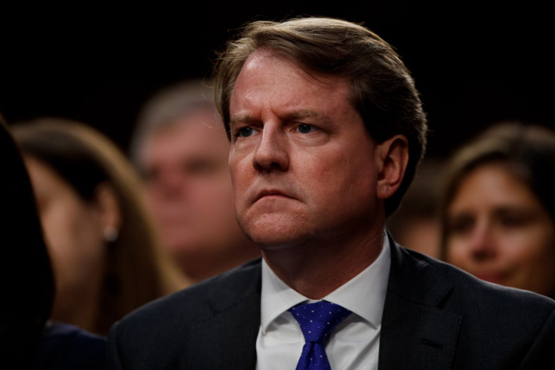 WASHINGTON D.C., May 21, 2019 -- Then White House counsel Don McGahn reacts in the audience during the confirmation hearing for Supreme Court Justice nominee Brett Kavanaugh before the U.S. Senate Judiciary Committee on Capitol Hill in Washington D.C., the United States, on Sept. 4, 2018. The White House on Monday instructed former counsel Don McGahn to defy a congressional subpoena and skip a hearing scheduled for Tuesday relating to the Russia probe. (Xinhua/Ting Shen)