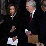 House Speaker Nancy Pelosi (D-CA) and Senate Majority Leader Mitch McConnell (R-KY) talk before the start of a memorial service for late Maryland Representative Elijah Cummings in National Statuary Hall at the U.S. Capitol in Washington, DC on Thursday, October 24, 2019. Cummings died at the age of 68 on October 17 due to complications concerning long-standing health challenges. (Erin Schaff/The New York Times)