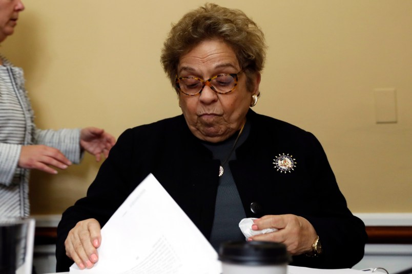 Rep. Donna Shalala, D-Fla., looks as papers during break in the House Rules Committee hearing on the impeachment against President Donald Trump, Tuesday, Dec. 17, 2019, on Capitol Hill in Washington. (AP Photo/Jacquelyn Martin, Pool)